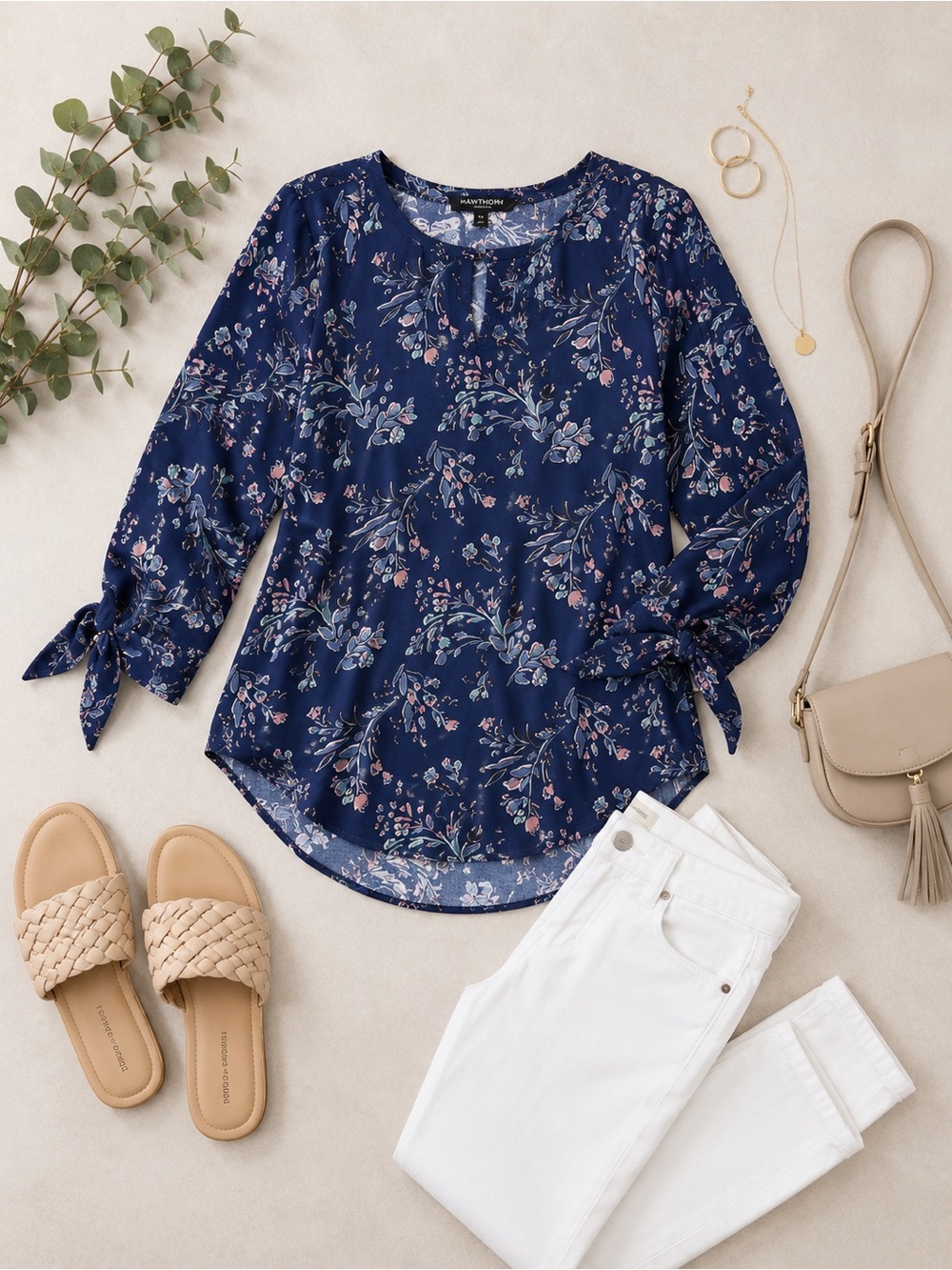 NWT 41 Hawthorn Stitch Fix Taryn Tie Sleeve Blue Floral Blouse Size Small